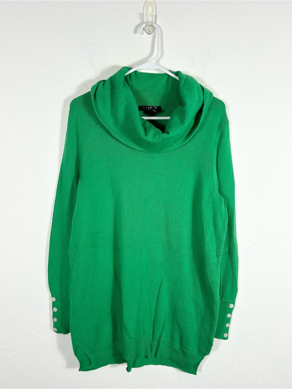 Lauren Ralph Lauren Green Cowl Neck Sweater Size XL Button Cuff Wool Blend